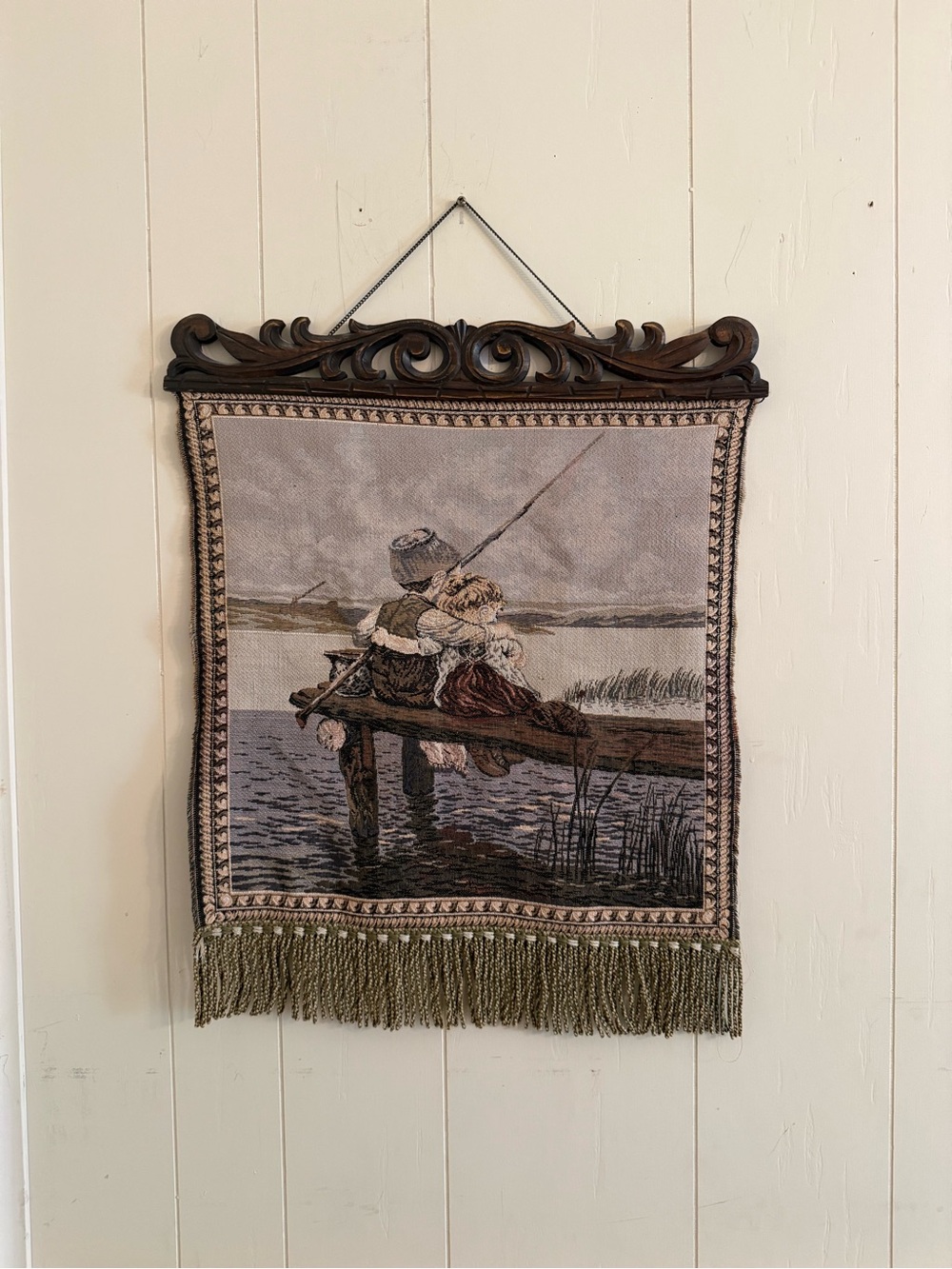 Vintage-Style Tapestry Wall Hanging Fishing Scene